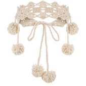 Handmade Cotton Crochet Headband: Beige Boho Lace Headpiece With Pompoms