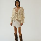 Handknit Cotton Cardigan: White V-neck Jacket With Embroidered Flowers
