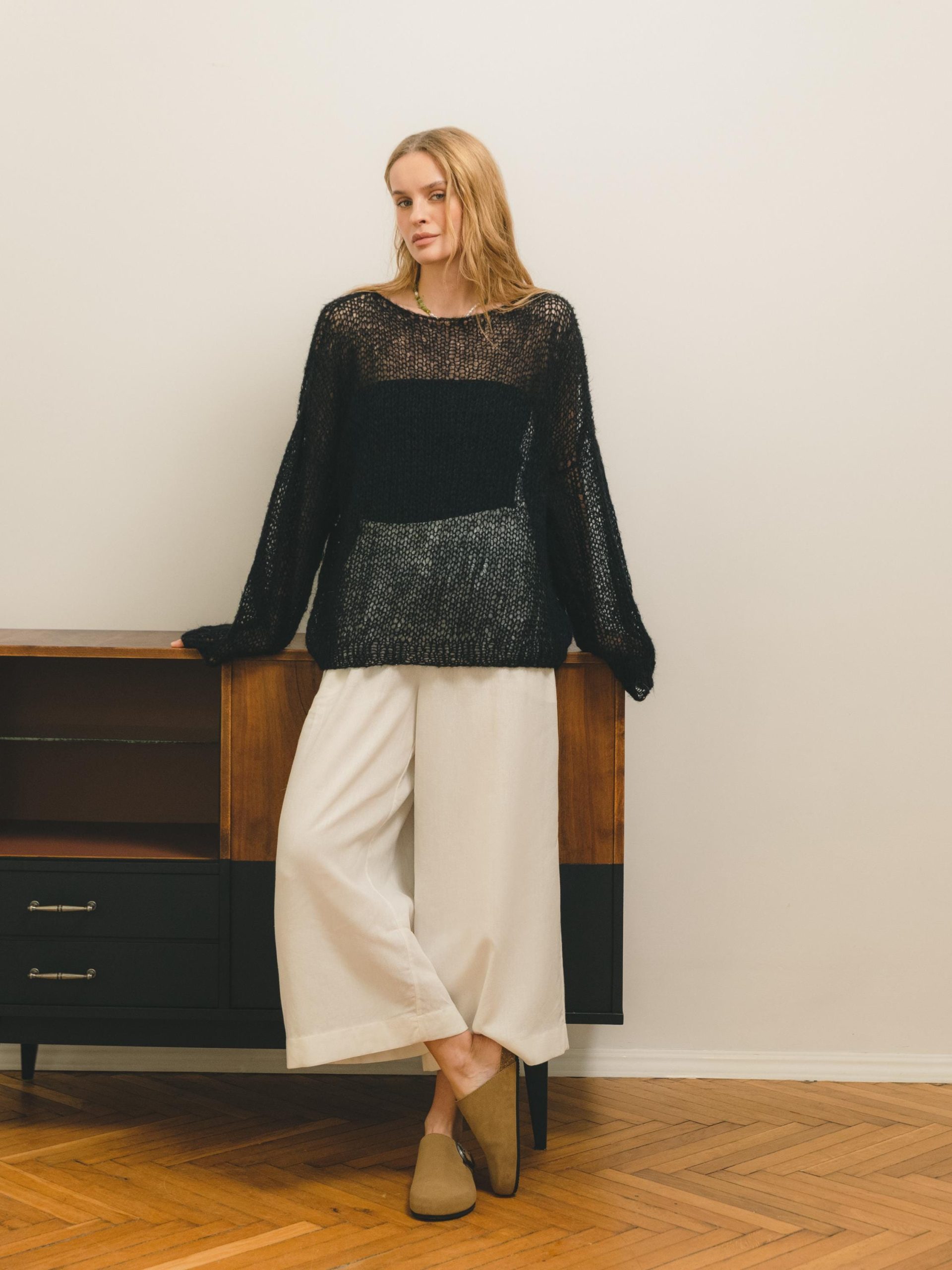 Hand-knitted Olive Mohair Pullover: Lightweight Fuzzy Sweater