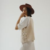 Handknit Cotton Lacy Slipover Vest: Tassel Tie Sleeveless Top