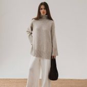 Oversized Turtleneck Sweater Gray & Beige Wool Blend