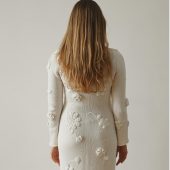 White Handmade Knitted Dress With Crochet Flowers - Long Women's Dress